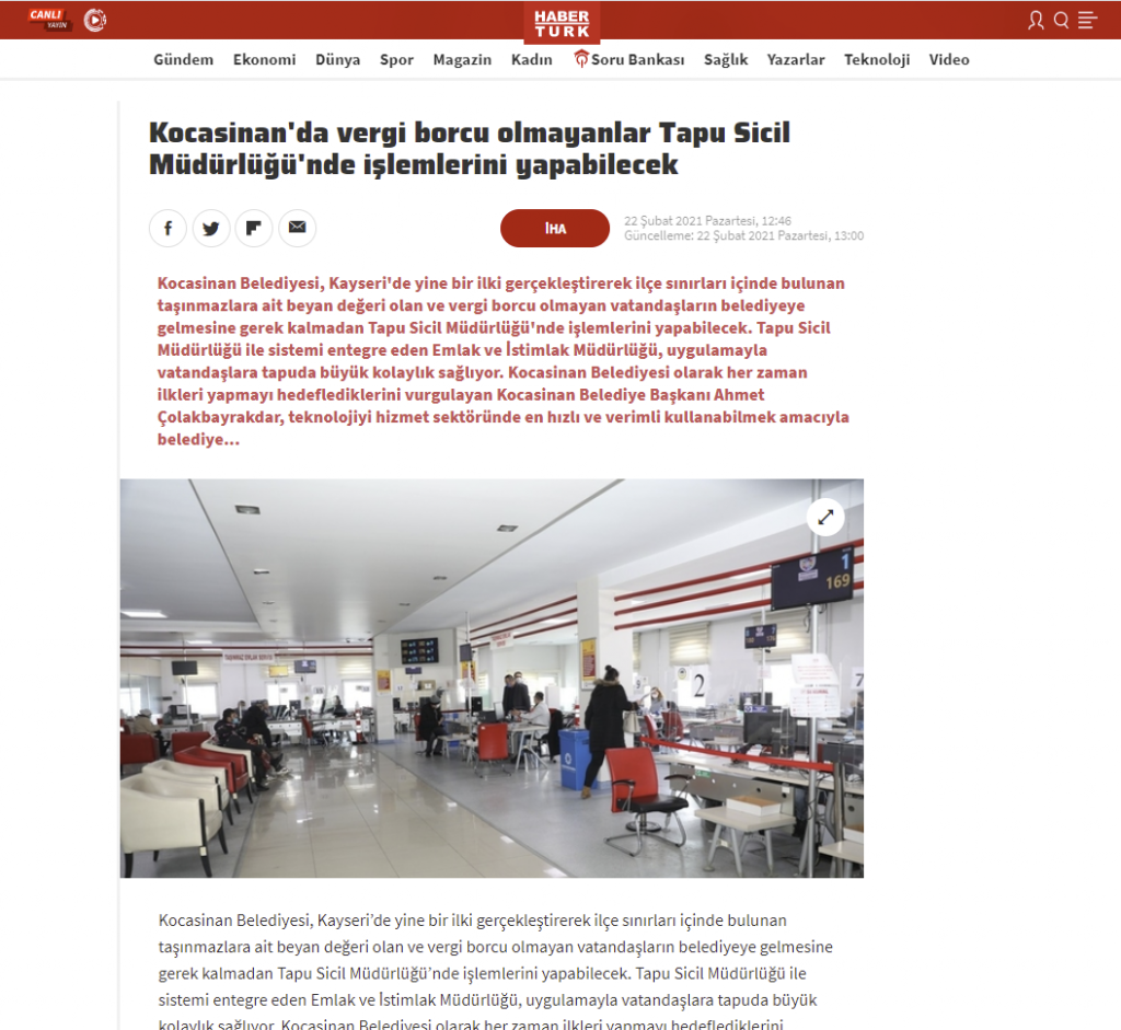 kocasinan belediyesi ile tapu sicil mudurlugu arasinda entegrasyon saglandi universal yazilim